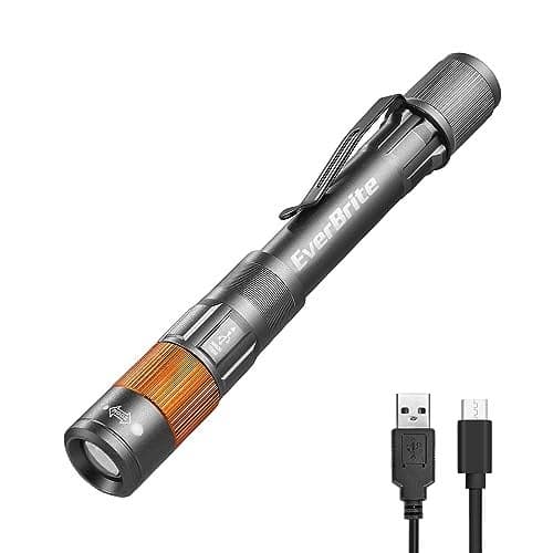 EverBrite Rechargeable Pen Light, 300 Lumens EDC Flashlight, Zoomable LED Pocket Flashlight with Clip, Memory Function and USB C Cable Included, for Camping, Emergency, Gray