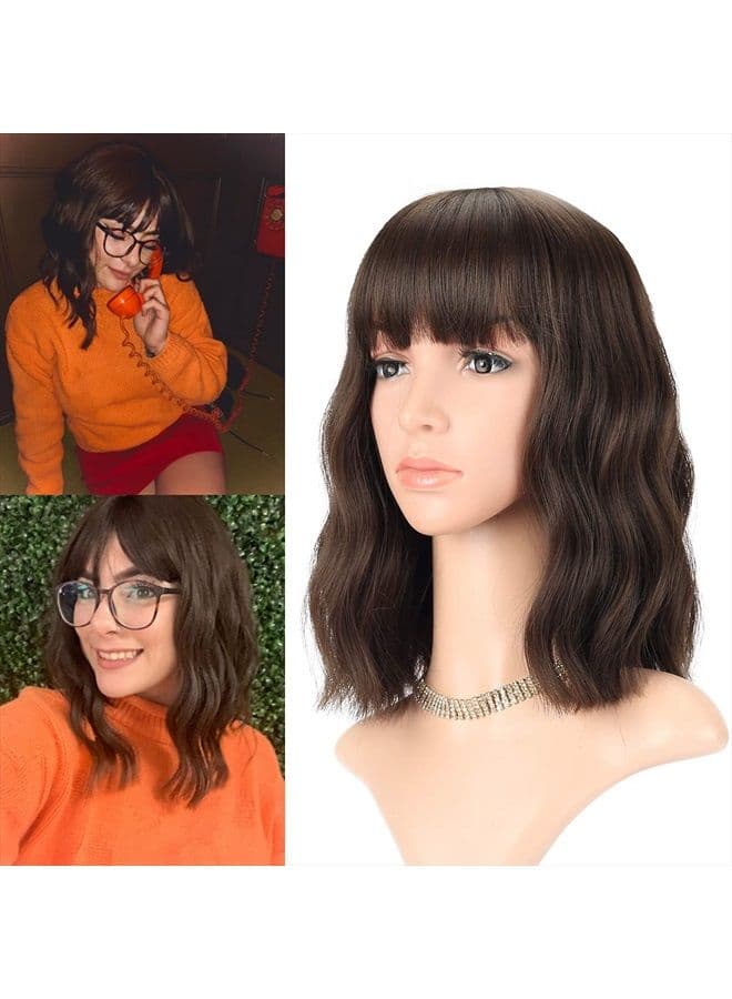 Short Brown Wigs With Bangs Shoulder Length Wig For Women Curly Wavy Synthetic Cosplay Wig for Girl Costume Wigs (12" Natural Black Dark Brown Mix Color)