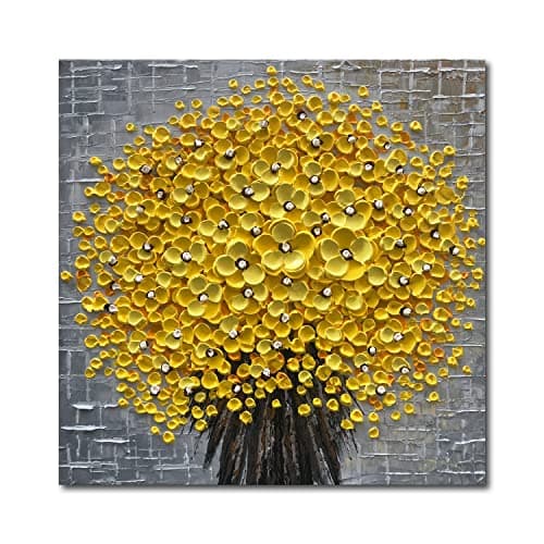 Epicler 24x24 Inch HandPainted 3D Yellow Flower Art Oil Painting Modern Flower Canvas Wall Painting Contemporary Abstract Canvas Oil Painting Home Wall Decoration