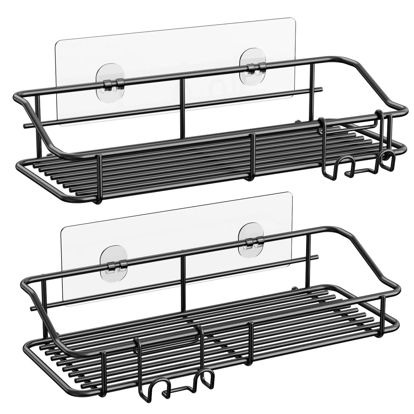 Nieifi Shower Caddy Shelf with Hooks Storage Rack Organizer Adhesive Stainless Steel Without Drilling for Bathroom Lavatory Washroom Restroom Shower Toilet Kitchen 2 Pack Black