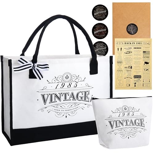 Crisky 50th Birthday Gifts for Women Canvas Tote Bag Vintage 1975 Beach Bag and Cosmetic Bag, Gift Card with Envelope & Stickers for Wife/Sister/Mom/Aunt/Friends