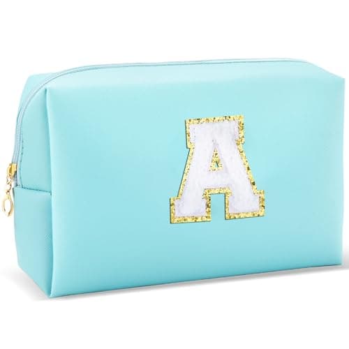 URSKYTOUS Gifts for Girls Initial Makeup Bag Personalized Cosmetic Bag with Zipper Cute Travel Toiletry Bag Waterproof PU Preppy Makeup Pouch Birthday Gift for Teen Girls Women(Blue A)