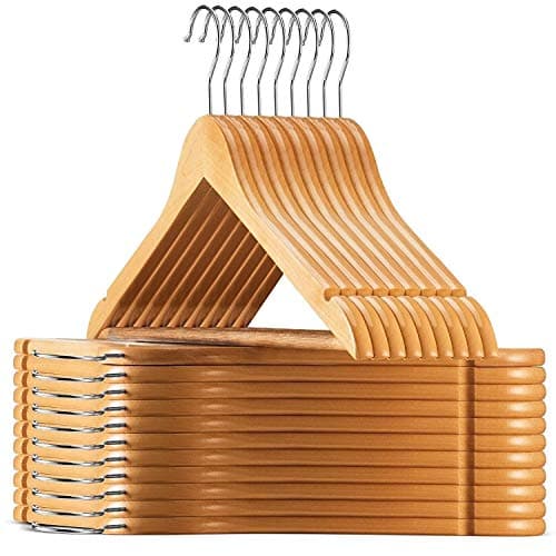 ginoya brothers - Natural Wooden Suit Hangers - Premium Wood With Notches & Chrome Swivel Hook For Dress Clothes, Coats, Jackets, Pants, Shirts, Skirts Hanger (6 Count)