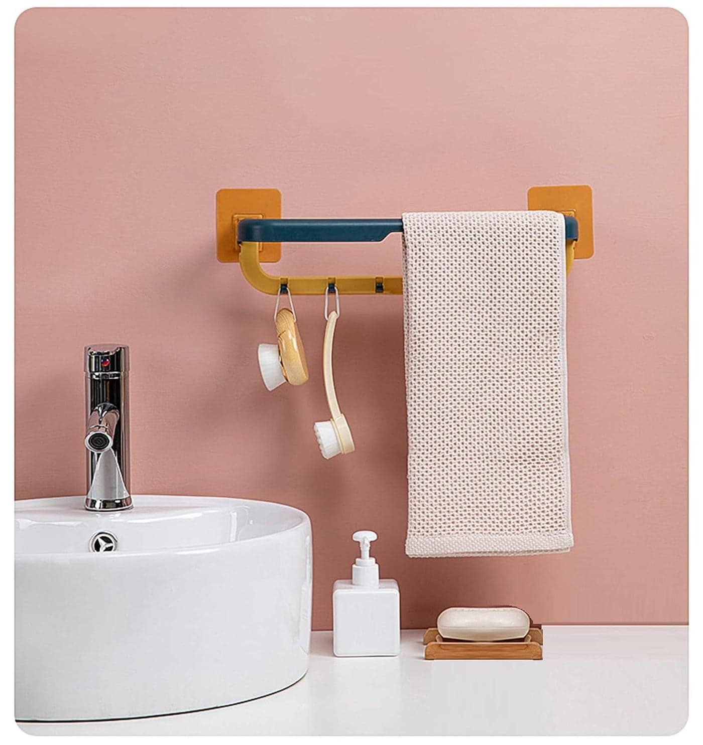 HMV MALL Plastic Towel Rack Wall Mounted Double Bar Towel Holder with Hooks Adjustable Towels Hanger for Kitchen Bathroom Multifunctional Folding Towel Shelf Random Color