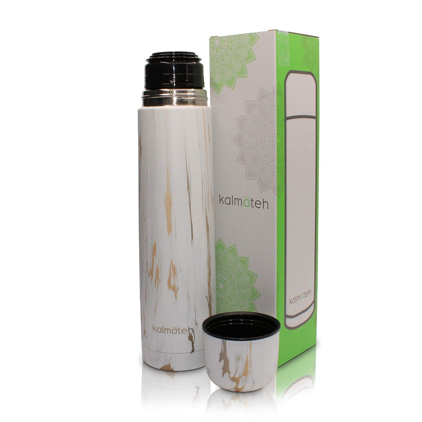 KALMATEH Modern Elegant Yerba Mate Thermos Vacuum Insulated and Double Walled 188 Stainless Steel BPA Free Thermos Specially Designed for Use With Mate Cup or Mate Gourd Gold Marble 1000ml
