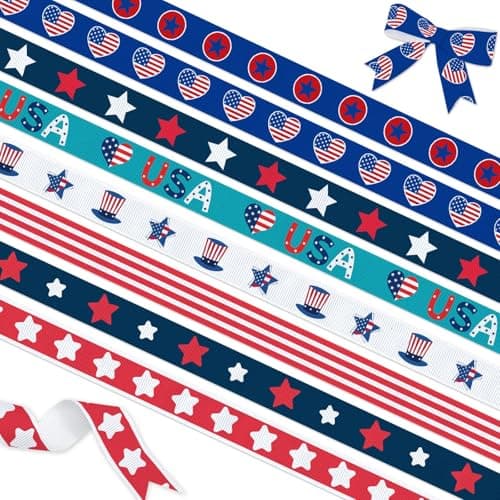 YKW Patriotic Grosgrain Ribbon 8 Pack 38 x 24 Yards USA Stars Stripes Hearts Uncle Sam Ribbons for 4th of July Memorial Day Gift Wrapping Crafts
