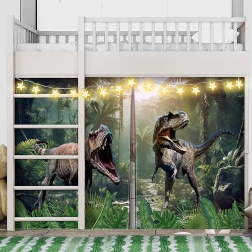 Hahafelt Dinosaur Loft Bed Tent Curtain Set for Low Twin Bunk Bed Curtains with Enchanting Star Lights Play Gifts Tent Party Decoration for Indoor Outdoor