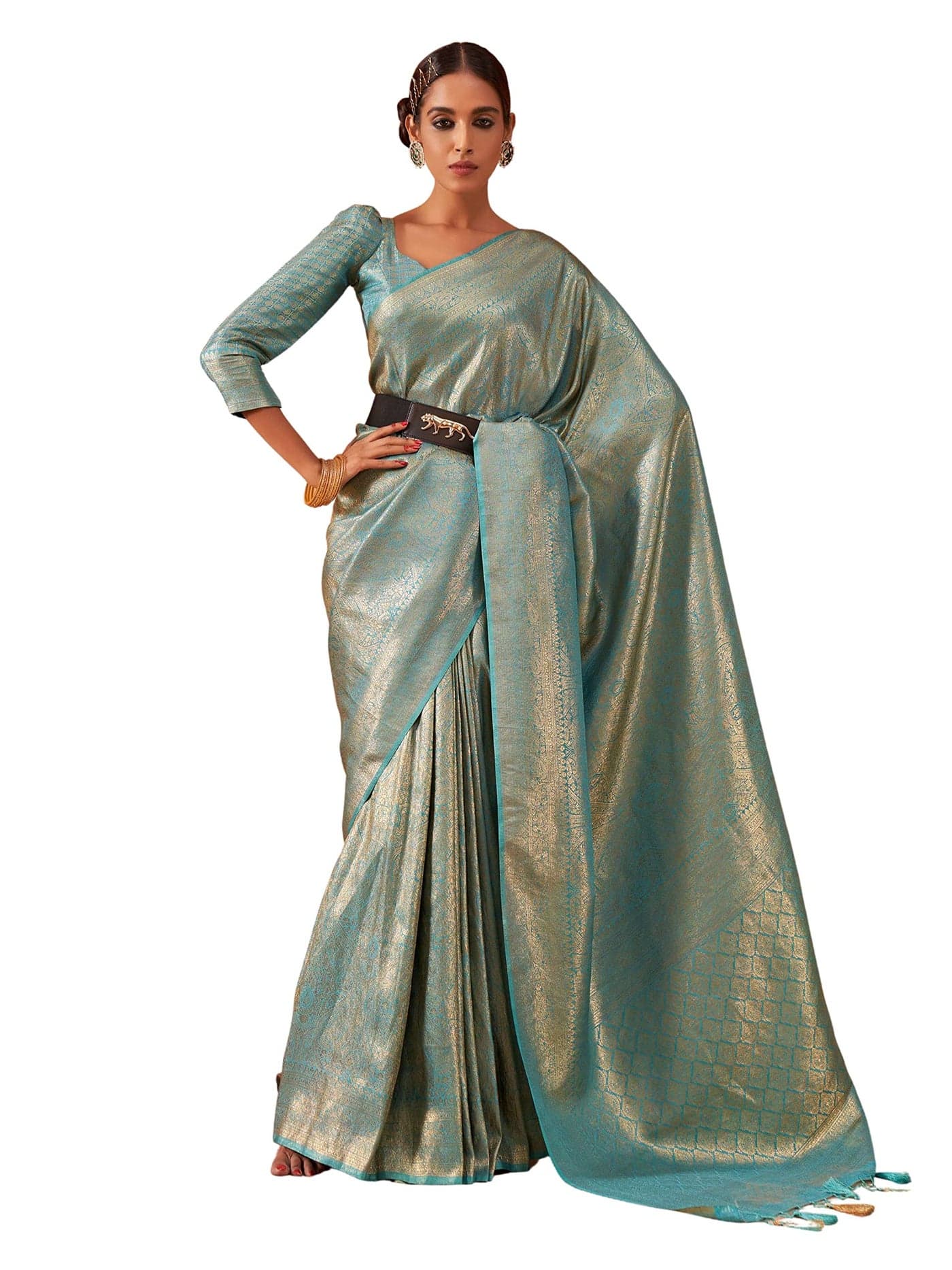 Vardha Women's Kanjivaram Art Silk Saree, Zari Woven, Gold, Unstitched Blouse - Light Blue, Blue Sari Asya Vol.3, 557