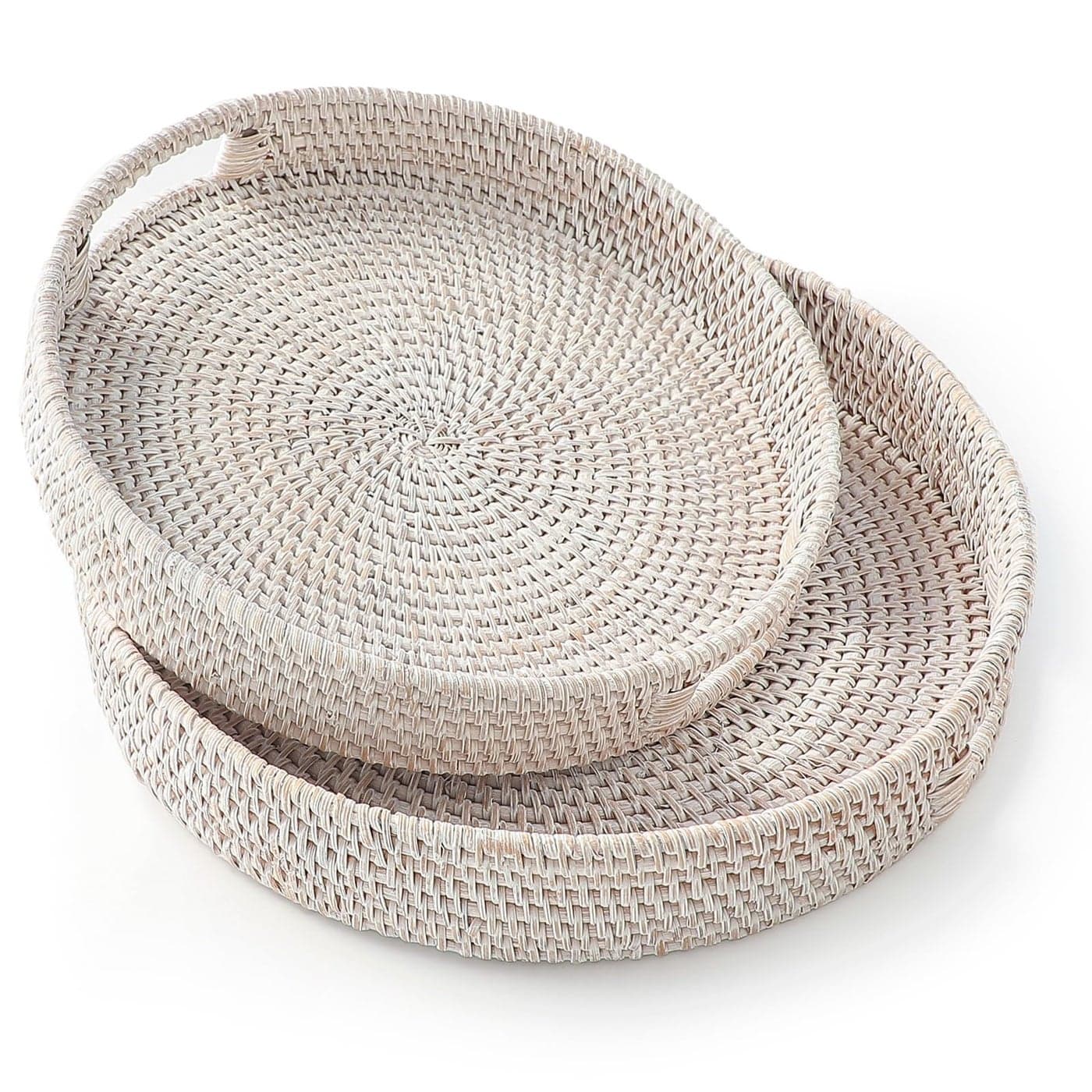 HITOMEN HandWoven Round Rattan Serving Tray Decorative Ottoman Wicker Platter with Handles for Coffee Table Breakfast Drinks Snack Bread Fruit Vegetables Whitewash Set of 2 ML