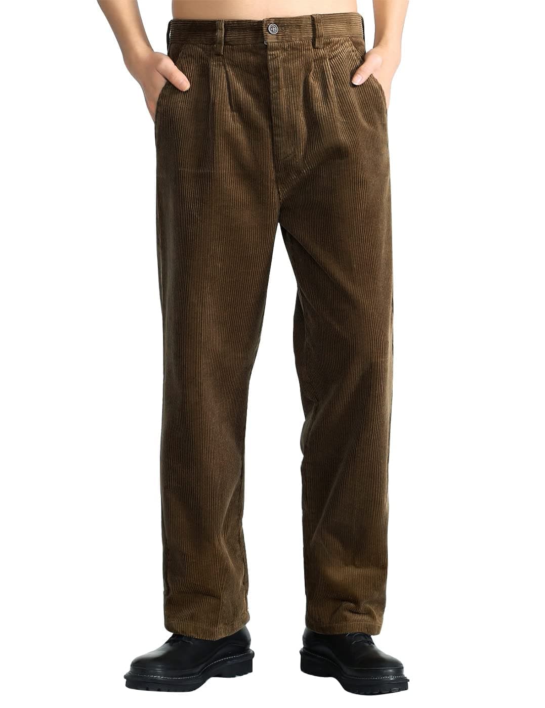 IDEALSANXUN Mens Corduroy Pants Pleated Straight Leg Thick Loose Senior Pants Brown 32W x 30L