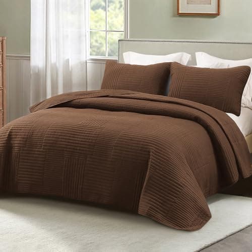 Whale Flotilla Ultra Soft Queen Quilt Bedding Set Lightweight Microfiber Brown Quilts Bedspreads Full Size 3 Piece Ultrasonic Geometric Coverlet Bed Cover for All Seasons