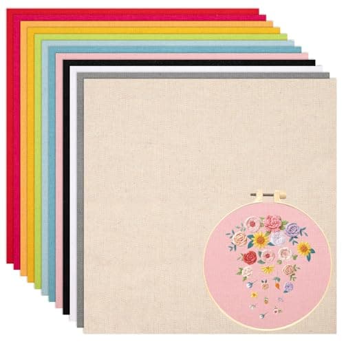 12 Sheets 12 Colors Embroidery Fabric PreCut Natural Linen Needlework Embroidery Cloth Fabric Embroidery Cloth Squares for Embroidery Garment Craft 9898Inch