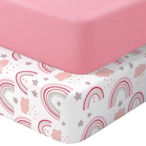 IOCCLH Pack N Play Sheets Fitted, 2-Pack Fit for Standard Pack N Play Mattress, Mini Crib Sheets,Breathable Soft Unisex Playard Sheets (Pink Rainbow & Pink)