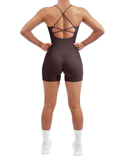 SUUKSESS Women 2 Piece Workout Sets Hidden Scrunch Butt Lifting Yoga Shorts with Pockets Backless Strappy Padded Tank Tops Outfits (Deep Brown, M)
