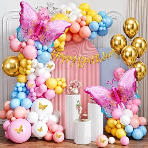 Pop The Party Purple Butterfly Foil Balloon Set Of 72 Pcs Golden Butterfly Stickers and Multi Pastel Balloons –Birthday Decoration for Girls, Baby Shower, Garden Party Decor