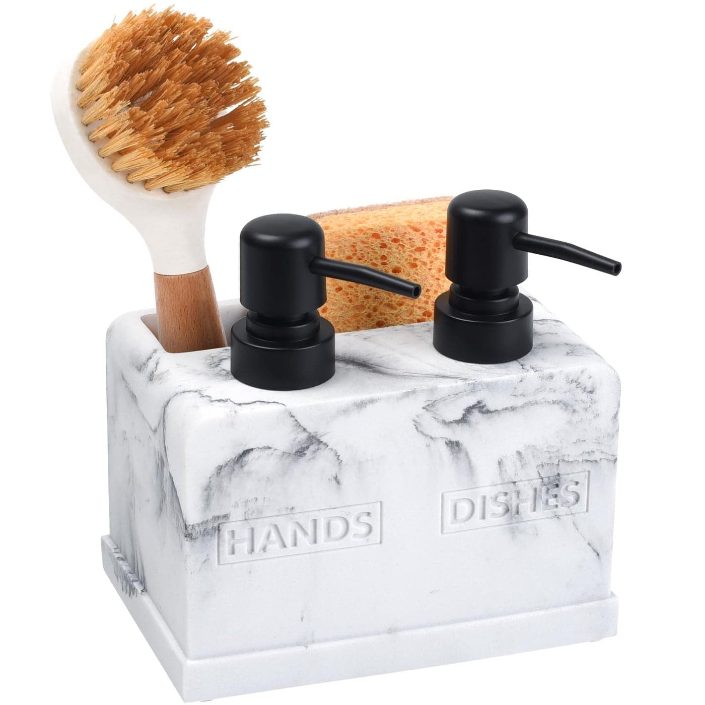 Kitchen Soap Dispenser Setwith Liquid Hand and Dish SoapSponge Holder and Brush Holder 4in1 Dual Soap Dispenser Set for Kitchen Sink Bathroom Artificial White Marble Look