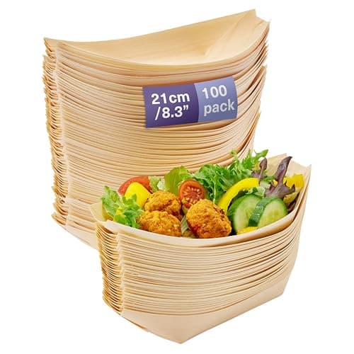 MATANA 83 Inch Large Bamboo Plates Disposable 100 Pack Biodegradable Sushi Boat Serving Tray Wood Paper Plates for Appetizer Taco Snacks Disposable Bamboo Bowls Vessel for Parties