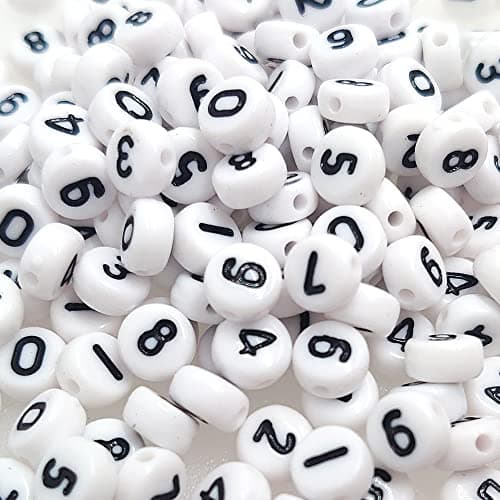 500+ Pieces 4x7mm White Round Acrylic Number Beads 0-9 Mixed Plastic Shape Loose Bulk DIY Beads for Jewelry Making Bracelets Necklaces Key Chains (Black on White)