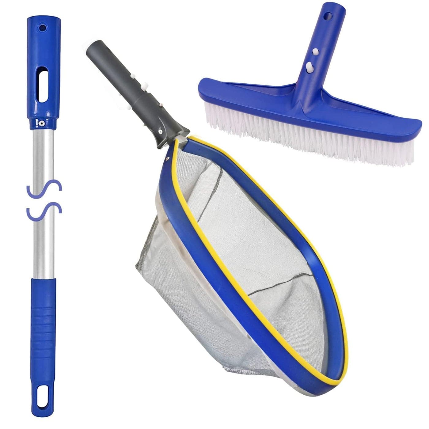 Poolvio Swimming Pool Cleaning Kit 14 Brush Head 50 Telescopic Aluminum Pole with Fine Mesh Skimmer Net Perfect for Above Ground Pools Spas Hot Tub Fountains Blue PK0140