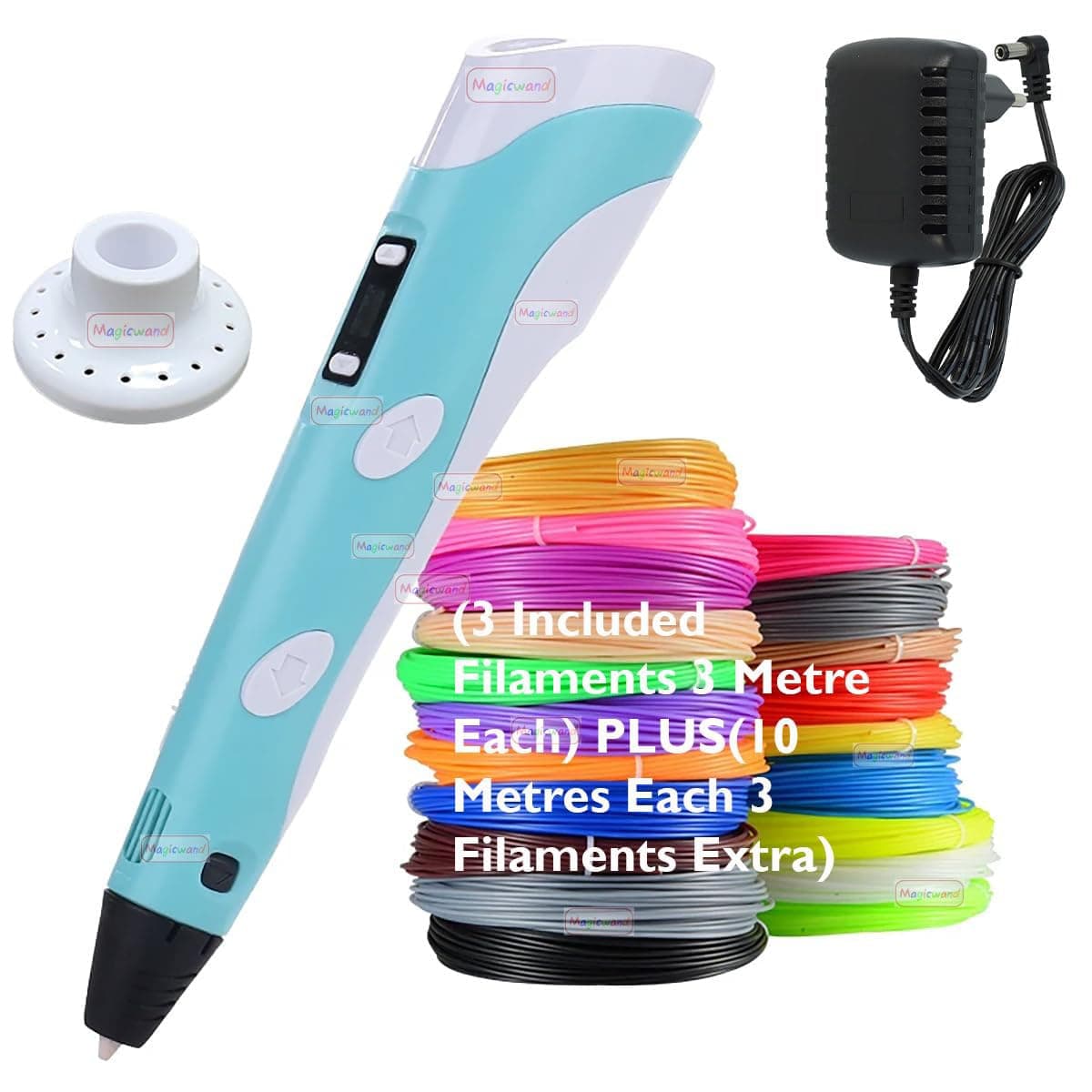 Magicwandwith Adaptor 3D Pen for Kids 3D Printing Pen with LCD Display10 Metre Each 3 Filaments EXTRA 3 Metre Each 3 FilamentsPack of 1