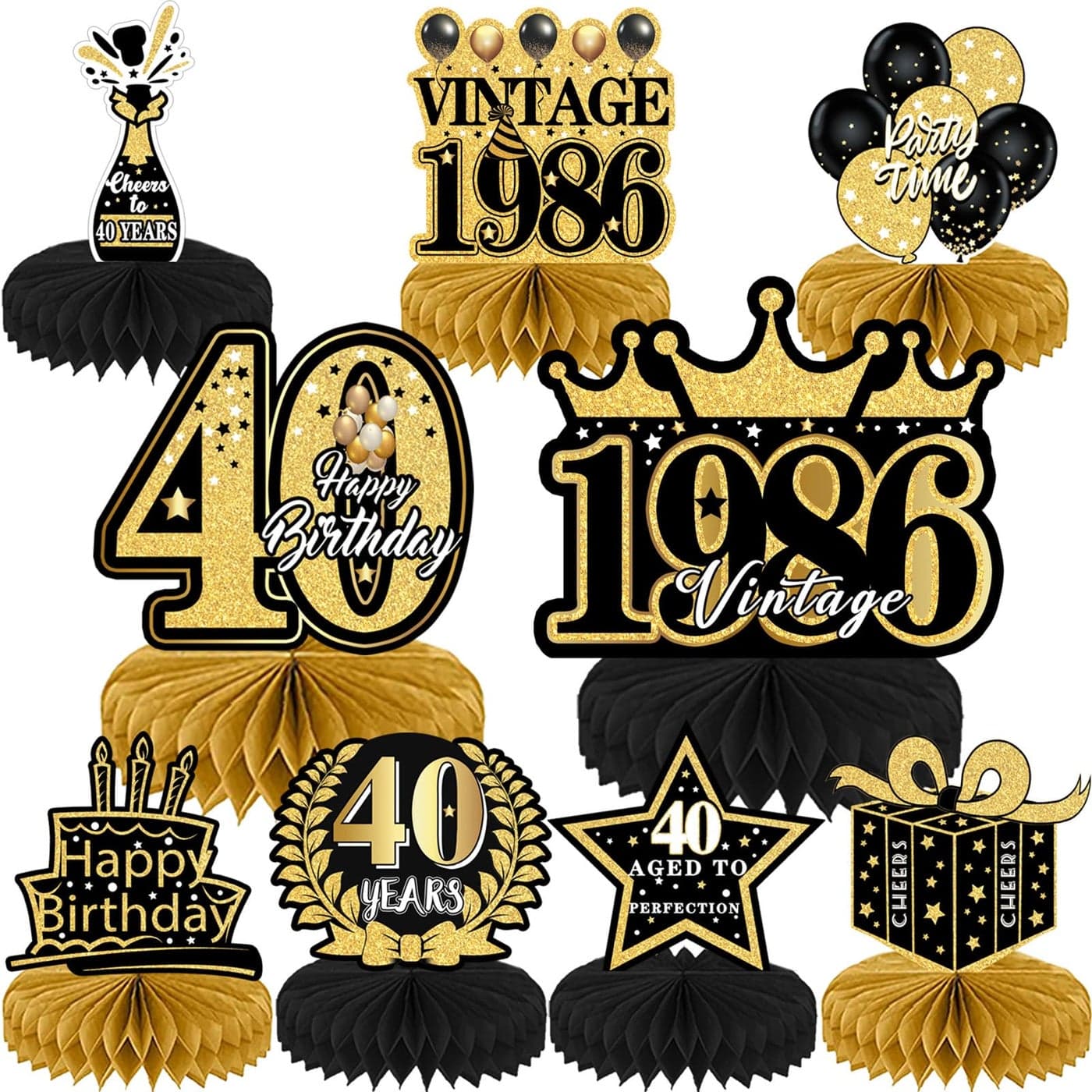 Refavor 40th Birthday Party Decorations 9Pcs 40th Birthday Honeycomb Centerpieces for Men Women Black Gold Party Table Supplies Decorations Over the Hill Aged to Perfection Decor