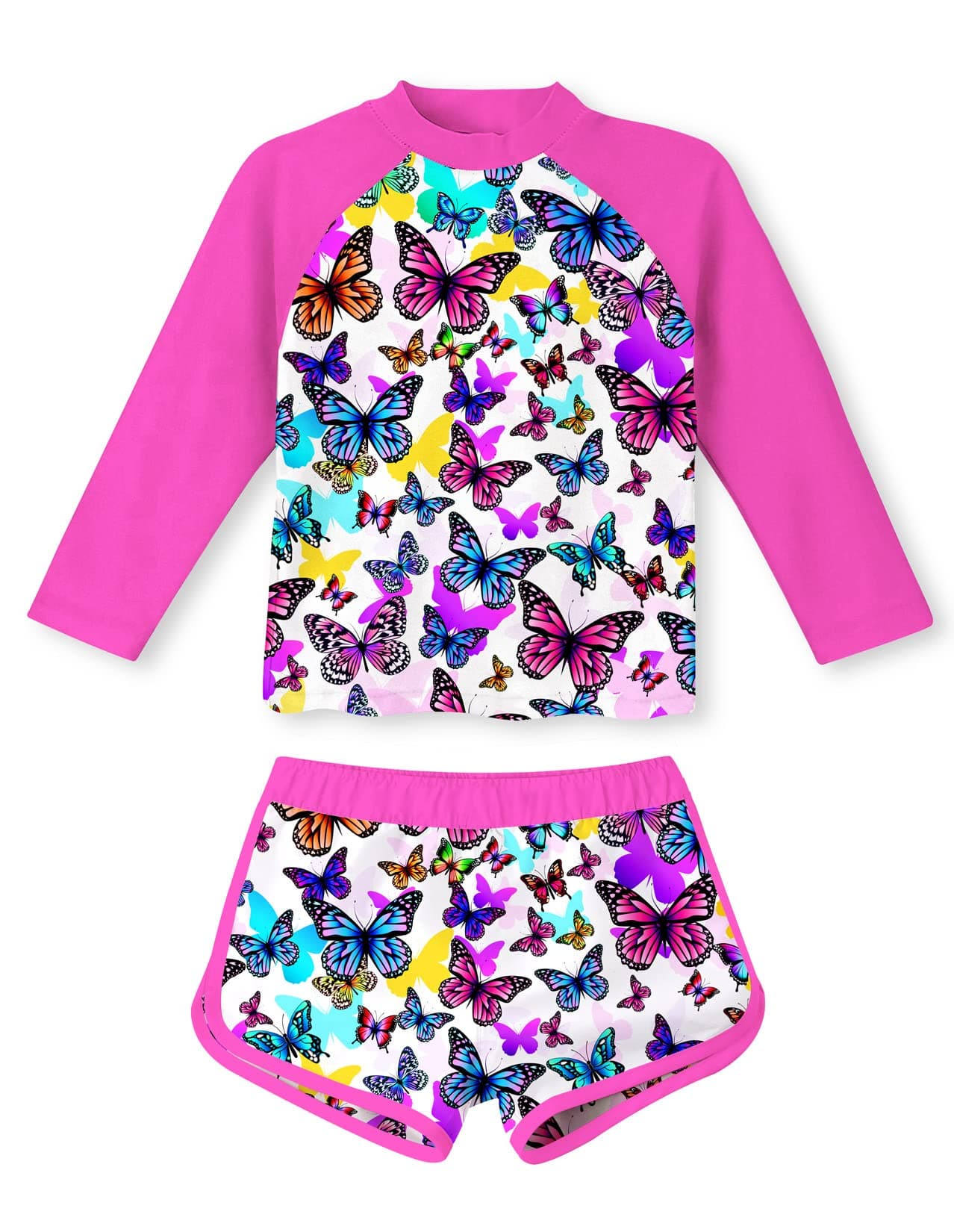 Girls 2-Piece Swimsuit Set Teens 6 7 Yrs Old Butterflies Printed Rash Guard O Neck Long Sleeve Bikini Sets with UPF 50+ Sun Protection for Pool Swimming Beachwear