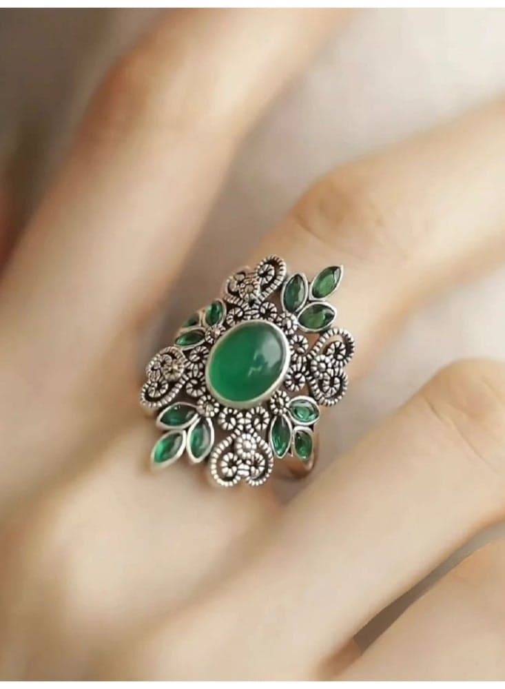 Retro Silver Green Wildflower Trace Ring, New Chinese Style Hollow Out Antique Adjustable High-end Ring