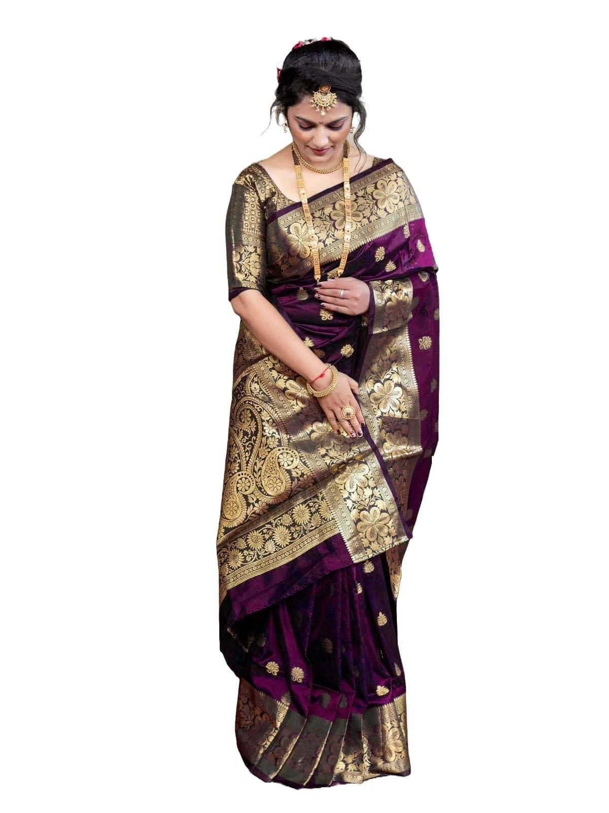Fratona Women's Soft Art Silk Kanjivaram Saree and Ubstitched Blouse Piece with Rich Pallu Jacquard Jari Work On All Over | Kanjivaram Saree (WINE)
