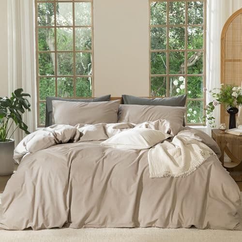 MooMee Bedding Duvet Cover Set 100 Washed Cotton Linen Like Textured Breathable Durable Soft Comfy Heathered Taupe Super King 108x98