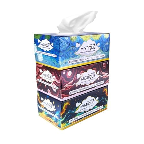 MISTIQUE 2 Ply Facial Tissue Paper Box | 600 Pulls | 200 Pulls x 3 Boxes | Natural Virgin Pulp | Ultra Soft, Skin Friendly & Highly Absorbent | Multipurpose Car, Home & Office Use