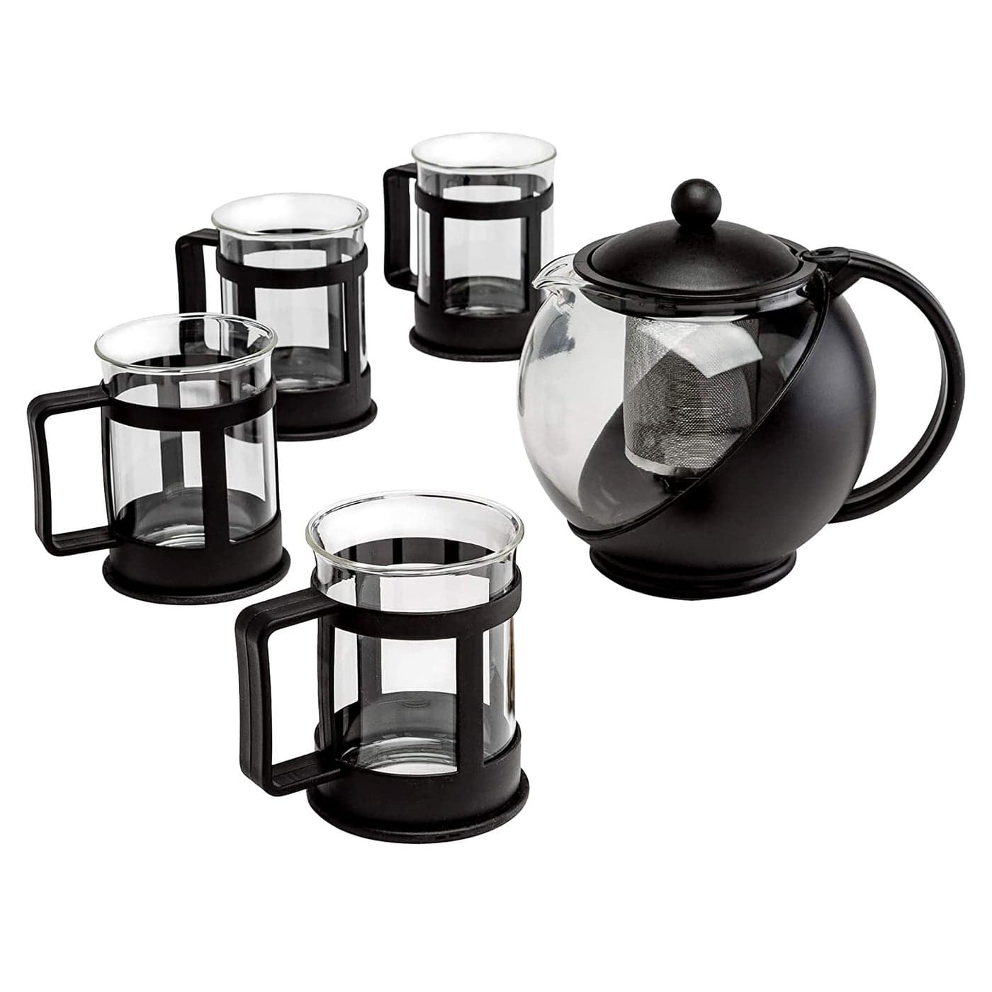 Primula Half Moon Teapot Set with 4 Tea Cups, Removable Stainless Steel Filter and Infuser, Glass Tea Maker, Filter, Dishwasher Safe, 40-Ounce, Tea Gift Set, Tea Set for Service of 4 Adults
