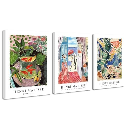 Wieco Art Canvas Wall Art Set of 3 Henri Matisse Aesthetic Posters Woman with A Red Umbrella Goldfish Landscape at Collioure Art Exhibition Matisse Prints Posters for Home Decorations