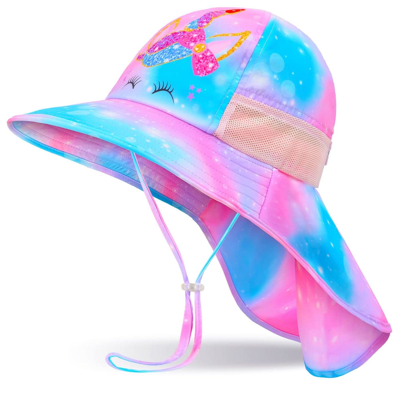 Girls Sun Hat for Kids UV Protection Unicorn Summer Hat Beach Play Hats Wide Brim Neck Flap for Girls Ponytail Hat 2-9 Years (Purple Unicorn)