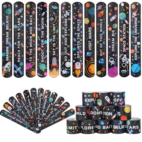 Kolewo4ever 144 Pieces Space Slap Bracelets Space Theme Gifts Fun Words Printed Wristband for Party Supply Prize Exchange12 Styles