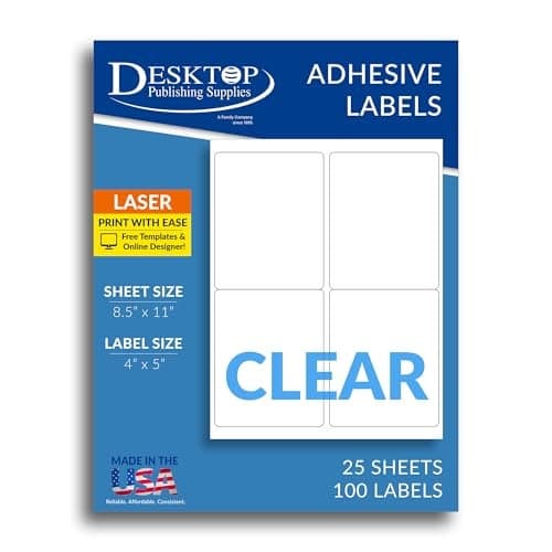 White 4" x 5" Label Stickers - 4 Per Sheet - for Inkjet & Laser Printers - 25 Sheets / 100 Shipping Labels