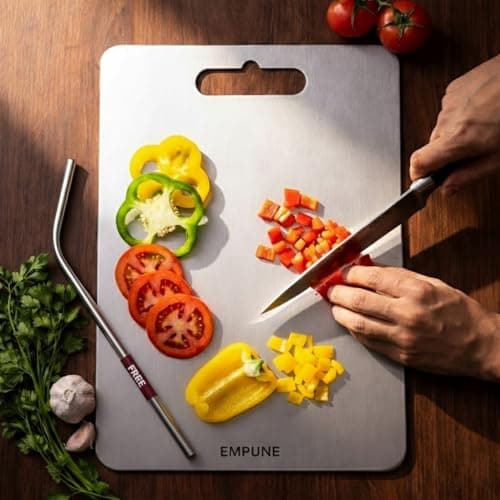 304 Stainless Steel Rectangular Chopping Board for Kitchen | with 1 Steel Straw & Anti-Skid Silicon Pad | Both Side Usable | Large | Cutting Board | 31 x 21 cm