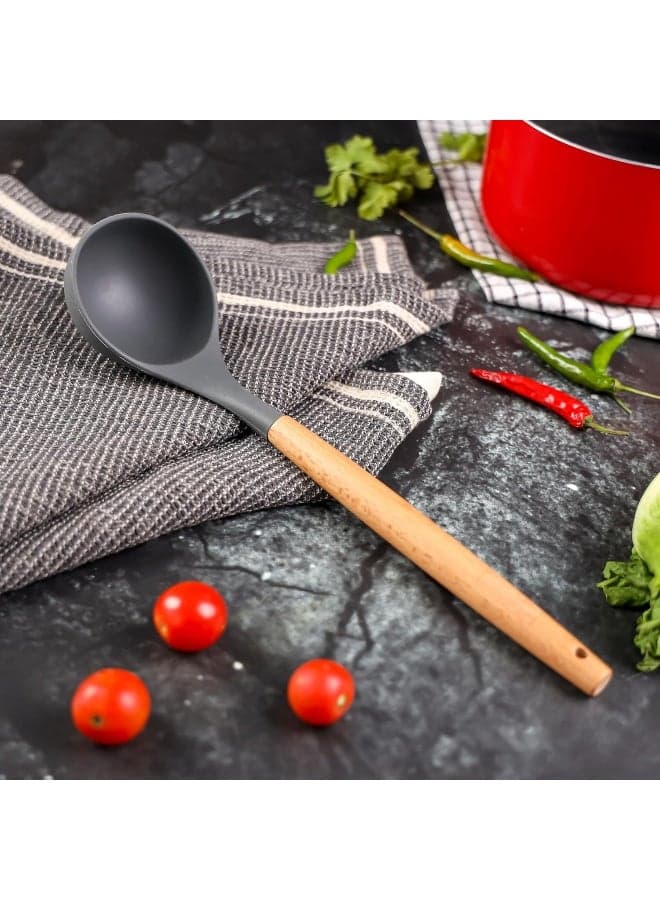 Delcasa DC3169 Silicone Soup Ladle with Wooden Handle, Black/Brown