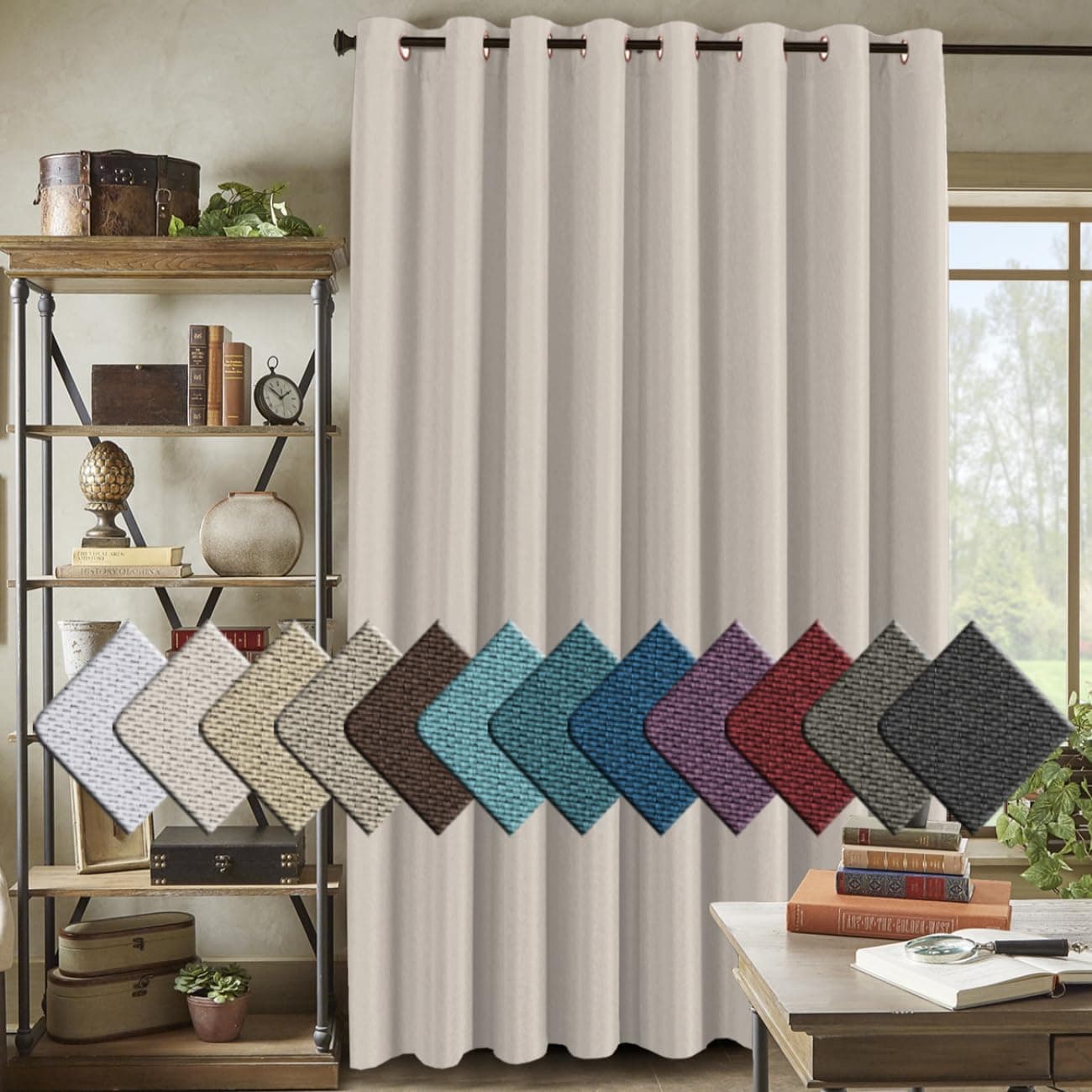 HVERSAILTEX Wide Blackout Room Darkening Rich Quality of Textured Linen Patio Door Curtains Home Fashion Window Panel Drapes with 16 Grommets 100 inch Wide by 96 inch Long Heather Ivory