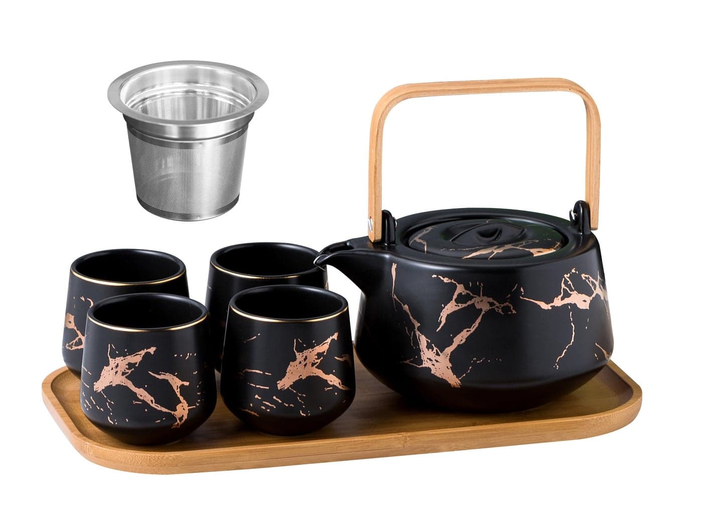 Jusalpha Marble Porcelain Teapot Set Modern Japanese Tea Pot with Infuser for Loose Tea 4Piece Tea Cups 67 OZ with Bamboo Tray Tea Cups Set for Home and Restaurant FDJPT4 Black