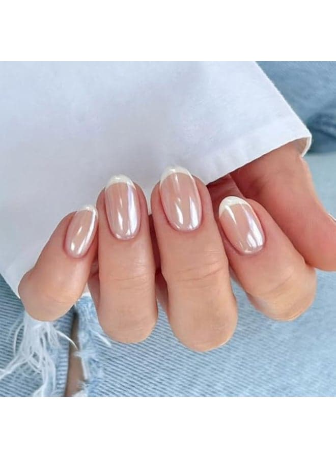 XZMeiLun Press On Nail French Tip Chrome Acrylic Press On Nails Short Round Designer Reusable Glazed Fake Nails Glossy Soft Gel Nails Wedding and Party Stick On Glue On Nails Press Ons for Women
