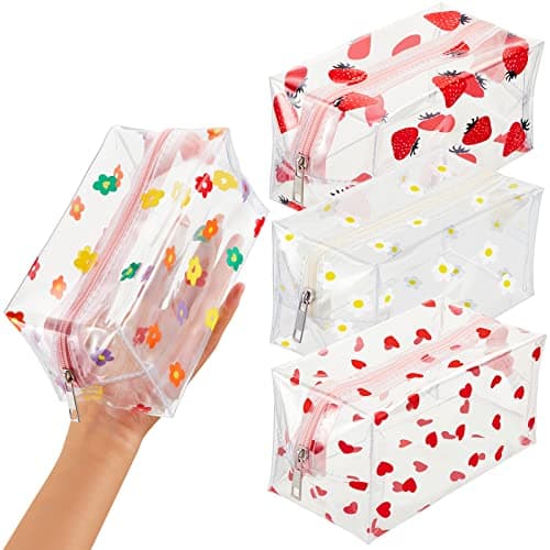 Henoyso 4 Pcs Clear Small Makeup Bag with Daisy Zipper Cute Flower Daisy Heart Strawberry Cosmetic Bags Pencil Pouch Cartoon Toiletry Pouches for Women Travel Bathroom School Waterproof Organizing