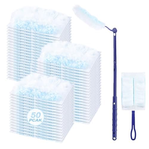 50 Count Duster Refills Kit for Swiffe Duster, One-Sided Electrostatic Duster with 2 Handles, Heavy Duty Dusters Refills Replacement for Cleaning Home, Blinds, Fans, Corners