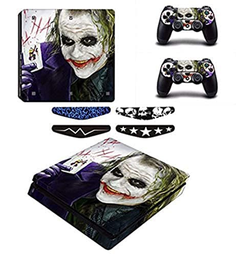 Elton Smiling Joker Heath Ledger Theme 3M Skin Sticker Cover for PS4 Slim Console and Controllers Full Set Console Decal Stickers for Front & Back 4 Led bar Decal +2 Controller Decal Cover