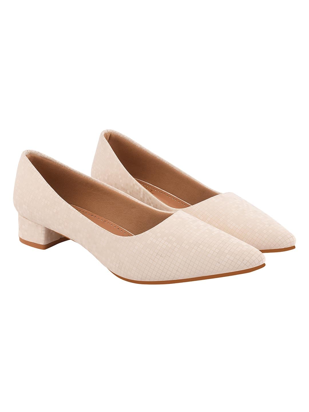 Shoetopia Women's Cream Low Block Heel Pumps – Elegant Pointed Toe Slip-On Dress in Textured Finish – Comfortable Office & Formal Footwear EU39