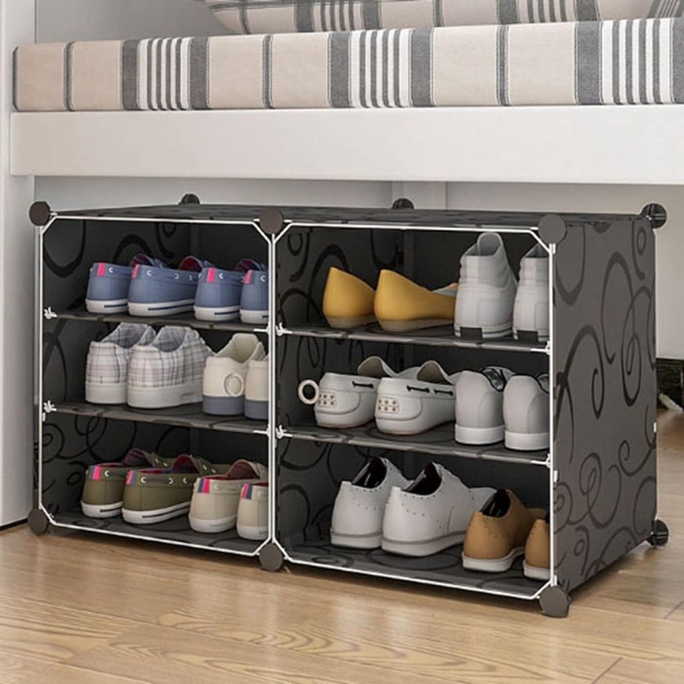 Zemic DIY Shoe Storage Cabinet Plastic Shoe Rack Organiser to 30 Pair Shoes Foldable Shoe Storage with Shelves and Door for All Kinds of Shoes Books Toys and Clothing 6Shelf Black