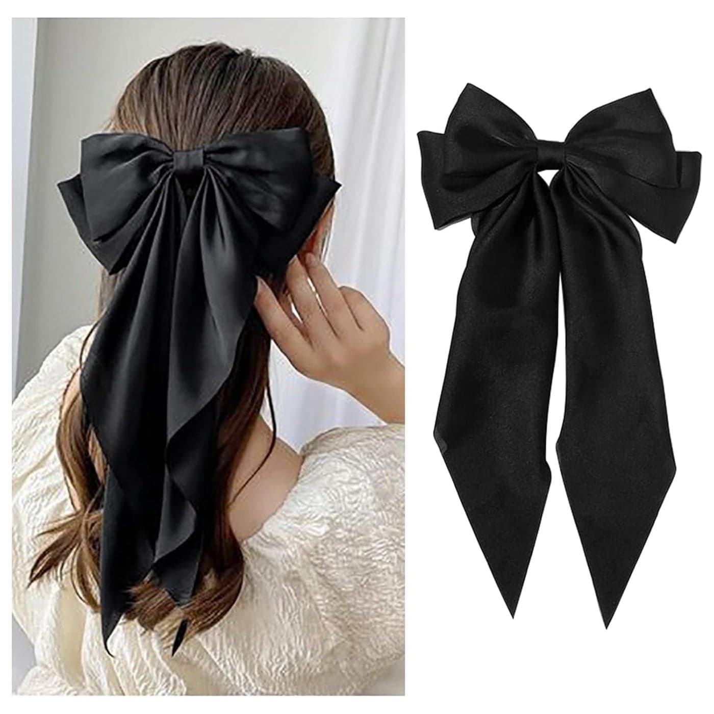 1PC Satin Hair Bows for Women Large Hair Barrettes Ribbon for Girls Giant Long Bow Hair Clips Ponytail Holder Silk Big Hair Clips Accessories for WomenBlack