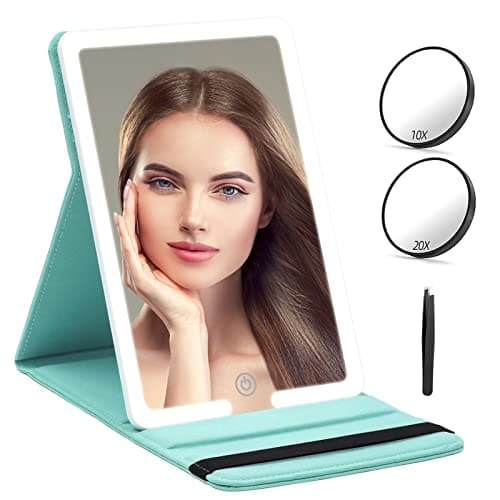 RRtide Travel Makeup Mirror LED Folding Travel Mirror with 3 Color Modes,Portable Lighted Makeup Mirror Compact Vanity Mirror USB Rechargeable,Touch Screen Dimming,for Travel(Black)