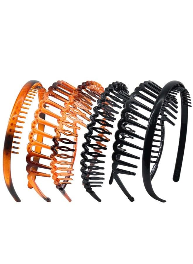 Teeth Comb Headbands for Women and Girls Zig Zag Shark Tooth Headbands for Women's Hair Plastic Non-Slip Black and Brown Thin Hair Hoops,Pack of 6