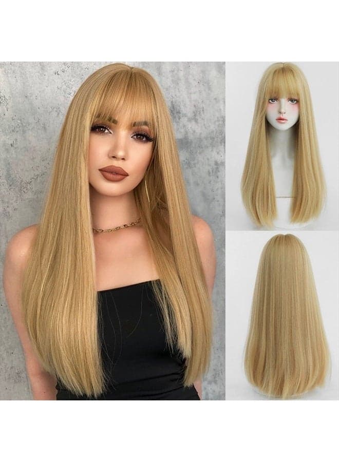 Blonde Wig With Bang For Women Long Straight Blonde Wig Synthetic Wig For Girl Emo Cosplay And Daily Use(23" Blonde