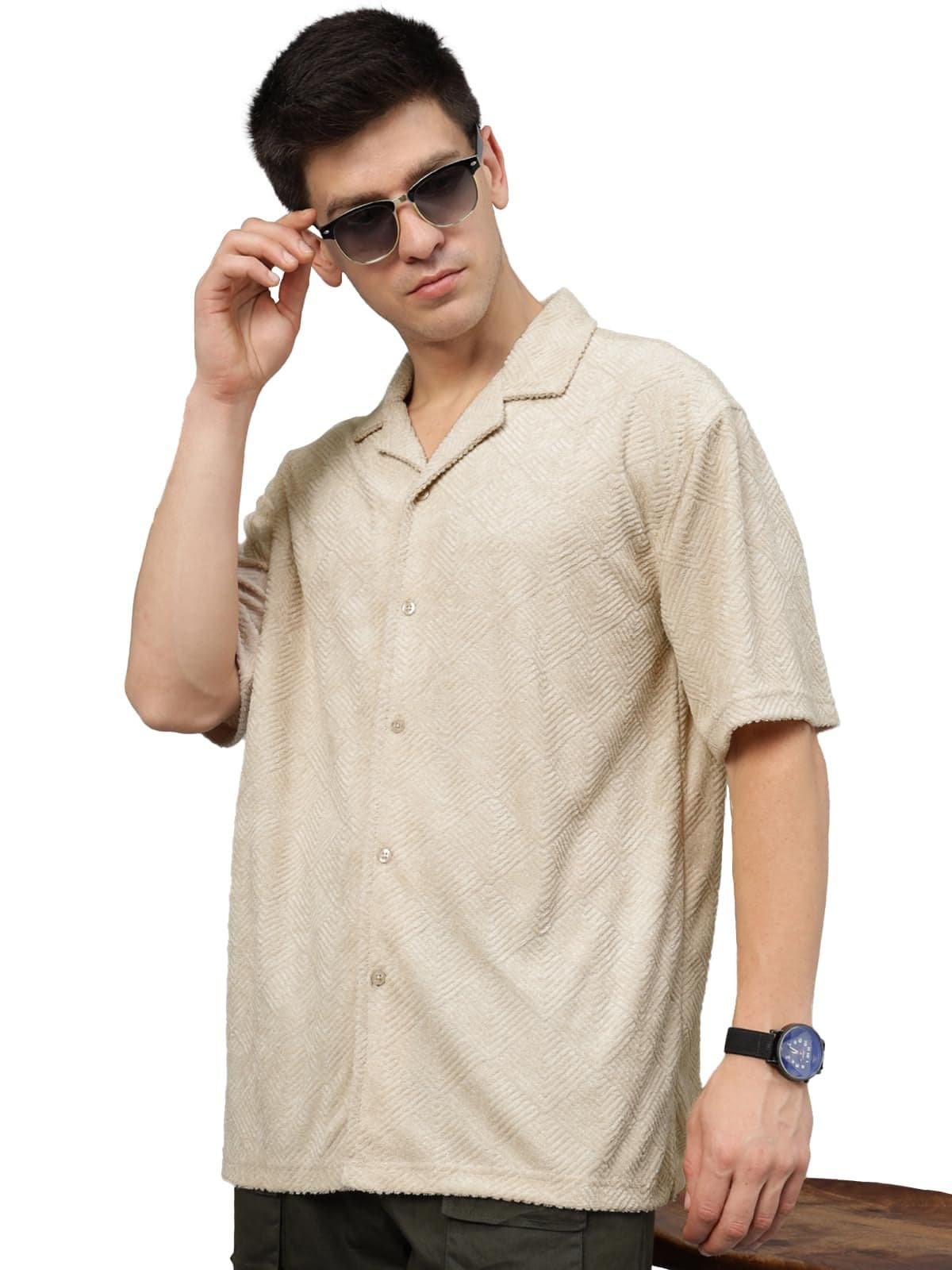 Veirdo® Poly Cotton Oversized Loose Baggy Fit Drop Shoulder Cool and Stylish Latest Print Design Men Jacquard Beige Camp Collar Shirt(OS_CCSHJCQ2_Beige_XL)